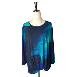 Clara SunWoo Shirt Women Medium Blue Watercolor Twist‎ Hem Jersey Knit Top Artsy